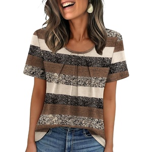 image:imageWIHOLL Women T Shirts Pleated Short Sleeve Tops Business Casual BlousesStriped Print