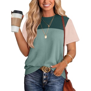 image:imageWIHOLL Womens Fashion 2026 Color Block Shirts Short Sleeve Knitted Summer Fall Tops Casual TrendyBeige Green