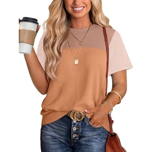 image:imageWIHOLL Womens Fashion 2026 Color Block Shirts Short Sleeve Knitted Summer Fall Tops Casual TrendyBeige Khaki