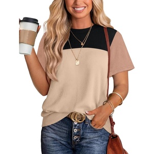 image:imageWIHOLL Womens Fashion 2026 Color Block Shirts Short Sleeve Knitted Summer Fall Tops Casual TrendyBlack