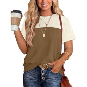 image:imageWIHOLL Womens Fashion 2026 Color Block Shirts Short Sleeve Knitted Summer Fall Tops Casual TrendyBrown Beige