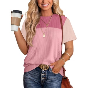 image:imageWIHOLL Womens Fashion 2026 Color Block Shirts Short Sleeve Knitted Summer Fall Tops Casual TrendyCream Pink