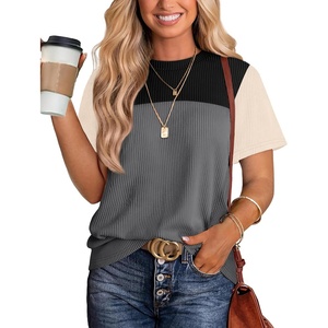 image:imageWIHOLL Womens Fashion 2026 Color Block Shirts Short Sleeve Knitted Summer Fall Tops Casual TrendyGray Black