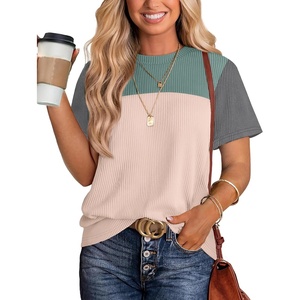 image:imageWIHOLL Womens Fashion 2026 Color Block Shirts Short Sleeve Knitted Summer Fall Tops Casual TrendyGreen