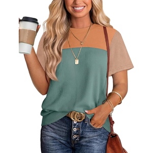 image:imageWIHOLL Womens Fashion 2026 Color Block Shirts Short Sleeve Knitted Summer Fall Tops Casual TrendyGreen Orange