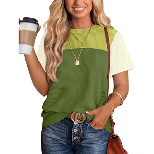 image:imageWIHOLL Womens Fashion 2026 Color Block Shirts Short Sleeve Knitted Summer Fall Tops Casual TrendyGreen2