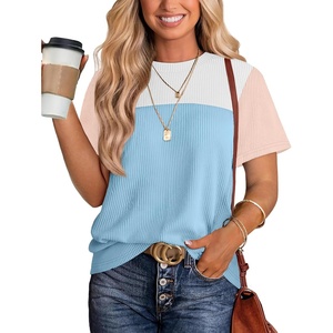 image:imageWIHOLL Womens Fashion 2026 Color Block Shirts Short Sleeve Knitted Summer Fall Tops Casual TrendyLight Blue