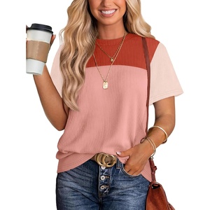 image:imageWIHOLL Womens Fashion 2026 Color Block Shirts Short Sleeve Knitted Summer Fall Tops Casual TrendyLight Coral