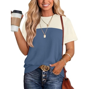 image:imageWIHOLL Womens Fashion 2026 Color Block Shirts Short Sleeve Knitted Summer Fall Tops Casual TrendyNavy Blue Beige