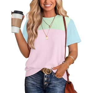 image:imageWIHOLL Womens Fashion 2026 Color Block Shirts Short Sleeve Knitted Summer Fall Tops Casual TrendyPink Blue