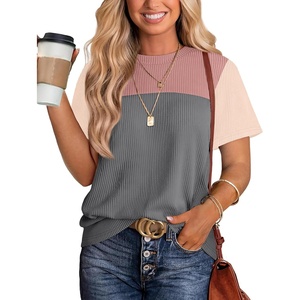 image:imageWIHOLL Womens Fashion 2026 Color Block Shirts Short Sleeve Knitted Summer Fall Tops Casual TrendyPink Gray