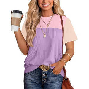 image:imageWIHOLL Womens Fashion 2026 Color Block Shirts Short Sleeve Knitted Summer Fall Tops Casual TrendyPurple