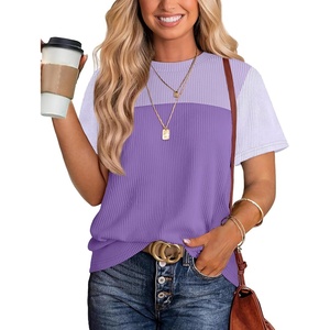 image:imageWIHOLL Womens Fashion 2026 Color Block Shirts Short Sleeve Knitted Summer Fall Tops Casual TrendyPurple2