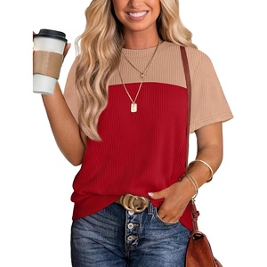 image:imageWIHOLL Womens Fashion 2026 Color Block Shirts Short Sleeve Knitted Summer Fall Tops Casual TrendyRed
