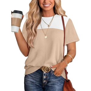 image:imageWIHOLL Womens Fashion 2026 Color Block Shirts Short Sleeve Knitted Summer Fall Tops Casual TrendyWhite Khaki