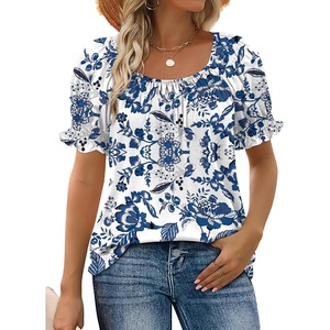 image:imageWIHOLL Womens Short Sleeve Square Neck Summer Tops Dressy Casual Blouses Trendy Clothes 2026B  Blue Floral Print