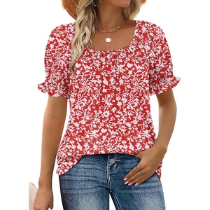 image:imageWIHOLL Womens Short Sleeve Square Neck Summer Tops Dressy Casual Blouses Trendy Clothes 2026B  Red White Floral