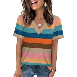image:imageWIHOLL Womens Summer Tops Short Sleeve Basic Casual V Neck T Shirts Trendy Fashion 2026Z Colorful Stripes