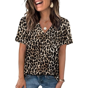 image:imageWIHOLL Womens Summer Tops Short Sleeve Basic Casual V Neck T Shirts Trendy Fashion 2026Z Leopard Print