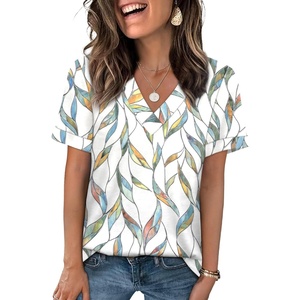 image:imageWIHOLL Womens Summer Tops Short Sleeve Basic Casual V Neck T Shirts Trendy Fashion 2026Z Multi Leaf