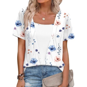 image:imageWIHOLL Womens Summer Tops Trendy 2 in 1 Blouses Short Sleeve Shirts Casual T Shirts Beach Vacation ClothesLeaf Flower