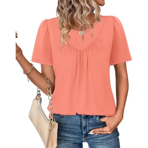image:imageWIHOLL Womens Summer Tops Trendy Short Sleeve T Shirts Pleated Crewneck Tees Blouses Dressy Casual Outfits Fashion ClothingCoral