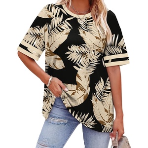 image:imageWIHOLL Womens T Shirts Loose Fit Short Sleeve Tees Crew Neck Color Block Summer Tops 2026 FashionBlack Beige Tropical Leaves