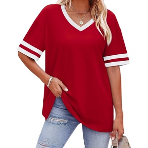 image:imageWIHOLL Womens T Shirts Loose Fit Short Sleeve Tees V Neck Color Block Summer Tops 2026 Fashion S4XL01  Red