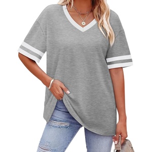 image:imageWIHOLL Womens T Shirts Loose Fit Short Sleeve Tees V Neck Color Block Summer Tops 2026 Fashion S4XL02  Grey