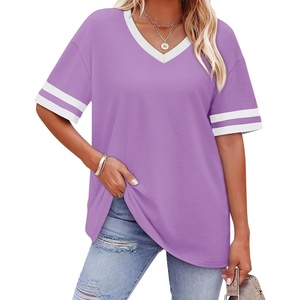 image:imageWIHOLL Womens T Shirts Loose Fit Short Sleeve Tees V Neck Color Block Summer Tops 2026 Fashion S4XL03  Purple