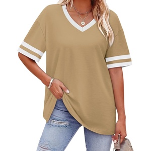 image:imageWIHOLL Womens T Shirts Loose Fit Short Sleeve Tees V Neck Color Block Summer Tops 2026 Fashion S4XL04  Khaki