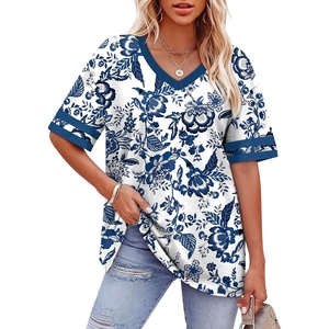 image:imageWIHOLL Womens T Shirts Loose Fit Short Sleeve Tees V Neck Color Block Summer Tops 2026 Fashion S4XLBlue Floral Print