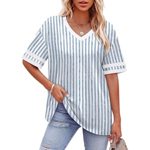 image:imageWIHOLL Womens T Shirts Loose Fit Short Sleeve Tees V Neck Color Block Summer Tops 2026 Fashion S4XLBlue White Stripes