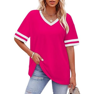 image:imageWIHOLL Womens T Shirts Loose Fit Short Sleeve Tees V Neck Color Block Summer Tops 2026 Fashion S4XLHot Pink