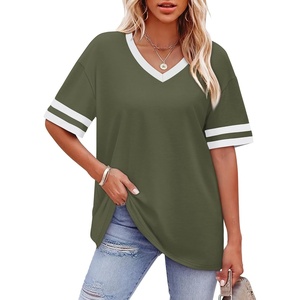 image:imageWIHOLL Womens T Shirts Loose Fit Short Sleeve Tees V Neck Color Block Summer Tops 2026 Fashion S4XLOlive Green