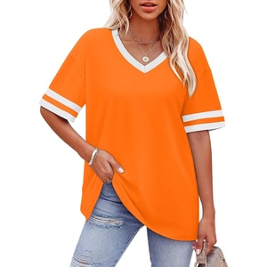 image:imageWIHOLL Womens T Shirts Loose Fit Short Sleeve Tees V Neck Color Block Summer Tops 2026 Fashion S4XLOrange