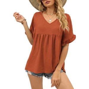 image:imageWIHOLL Womens Tops Casual V Neck Ruffle Sleeve T Shirts Babydoll Loose Fit Peplum Tops2brown