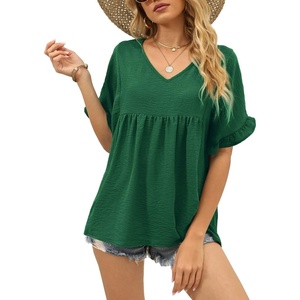 image:imageWIHOLL Womens Tops Casual V Neck Ruffle Sleeve T Shirts Babydoll Loose Fit Peplum Tops2dark Green