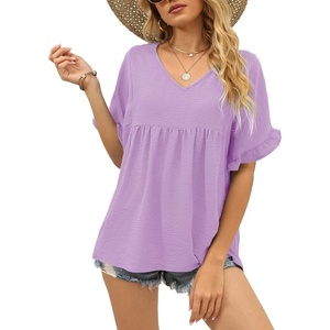 image:imageWIHOLL Womens Tops Casual V Neck Ruffle Sleeve T Shirts Babydoll Loose Fit Peplum Tops2lavender