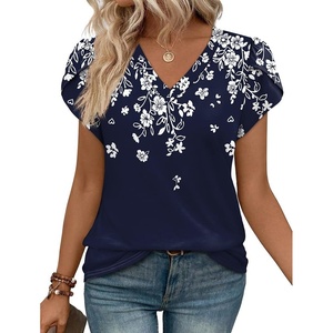 image:imageWIHOLL Womens Tops Dressy Casual Petal Sleeve Summer Spring Short Sleeve V Neck Shirts Work Business Vacation Clothes 2026Floral Blue Flowers