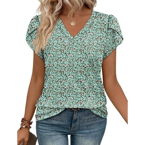 image:imageWIHOLL Womens Tops Dressy Casual Petal Sleeve Summer Spring Short Sleeve V Neck Shirts Work Business Vacation Clothes 2026Floral Green Pink Flowers