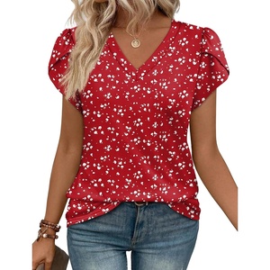 image:imageWIHOLL Womens Tops Dressy Casual Petal Sleeve Summer Spring Short Sleeve V Neck Shirts Work Business Vacation Clothes 2026Floral Red Polka Dot