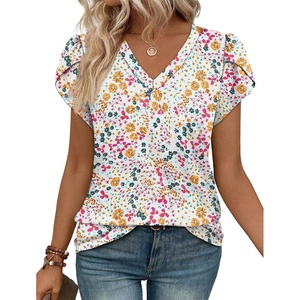 image:imageWIHOLL Womens Tops Dressy Casual Petal Sleeve Summer Spring Short Sleeve V Neck Shirts Work Business Vacation Clothes 2026Floral White Red Flowers