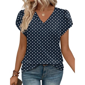 image:imageWIHOLL Womens Tops Dressy Casual Petal Sleeve Summer Spring Short Sleeve V Neck Shirts Work Business Vacation Clothes 2026Navy Blue Polka Dots