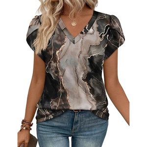image:imageWIHOLL Womens Tops Dressy Casual Petal Sleeve Summer Spring Short Sleeve V Neck Shirts Work Business Vacation Clothes 2026Tie Dye Black
