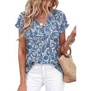 image:imageWIHOLL Womens Tops Dressy Casual Rolled Short Sleeve V Neck T Shirts Summer Business Work Blouses Crepe Texture OutfitsPblue Ethnic Flower