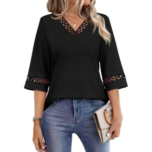 image:imageWIHOLL Womens Tops Eyelet Lace V Neck 34 Bell Sleeve Blouses Dressy Casual Work Shirt 2026 Summer Fall Fashion Clothing01back