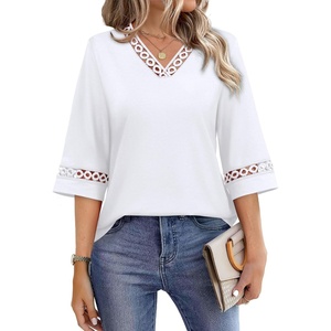 image:imageWIHOLL Womens Tops Eyelet Lace V Neck 34 Bell Sleeve Blouses Dressy Casual Work Shirt 2026 Summer Fall Fashion Clothing02white