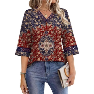 image:imageWIHOLL Womens Tops Eyelet Lace V Neck 34 Bell Sleeve Blouses Dressy Casual Work Shirt 2026 Summer Fall Fashion Clothing03burgundy Boho