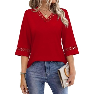image:imageWIHOLL Womens Tops Eyelet Lace V Neck 34 Bell Sleeve Blouses Dressy Casual Work Shirt 2026 Summer Fall Fashion Clothing03red